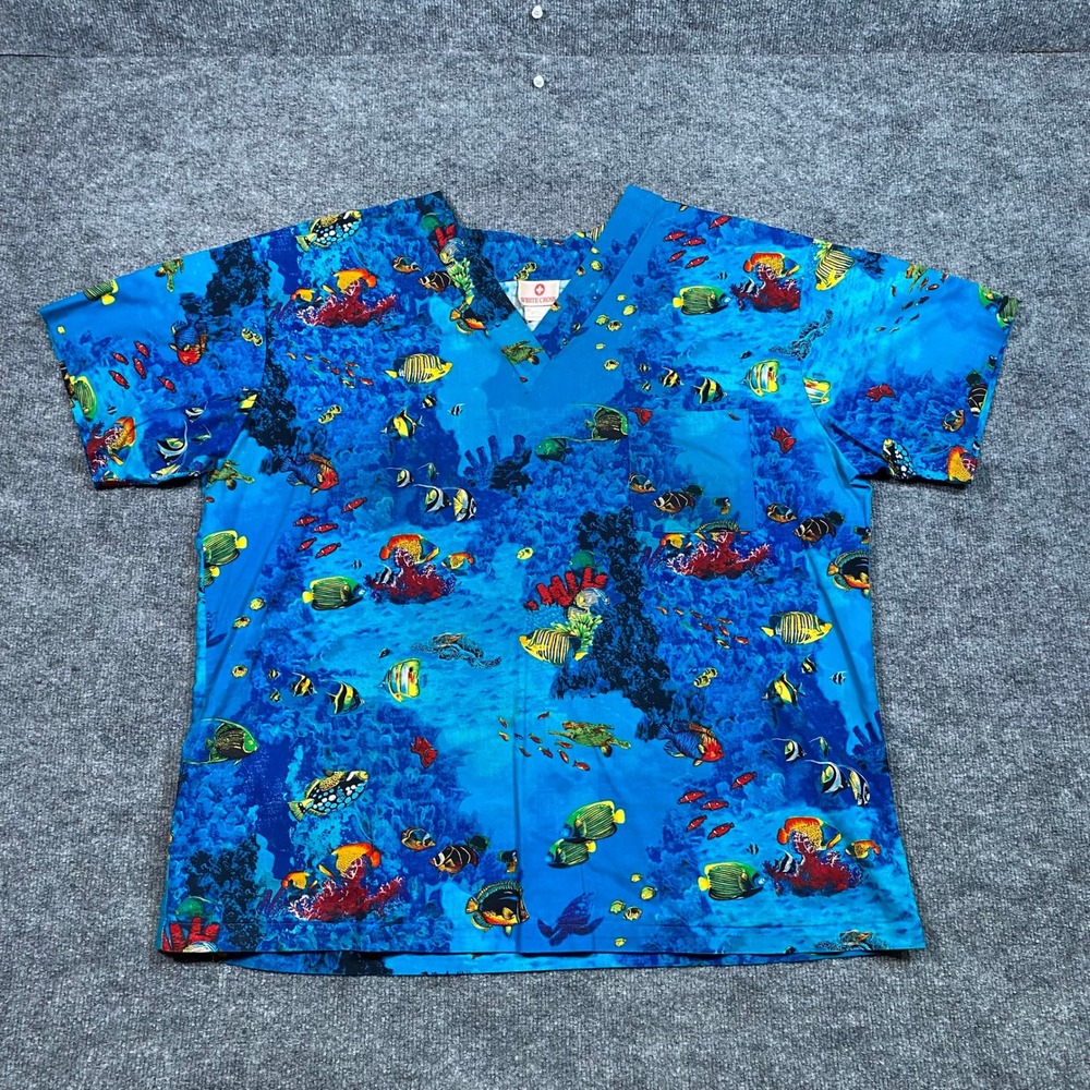 White Cross Womens XXL Scrub Top Blue Tropical Fish Coral Reef Sea Turtle Cotton